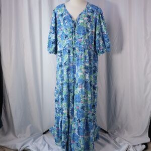 Light Blue Floral Tiered Maxi Dress with V-Neck